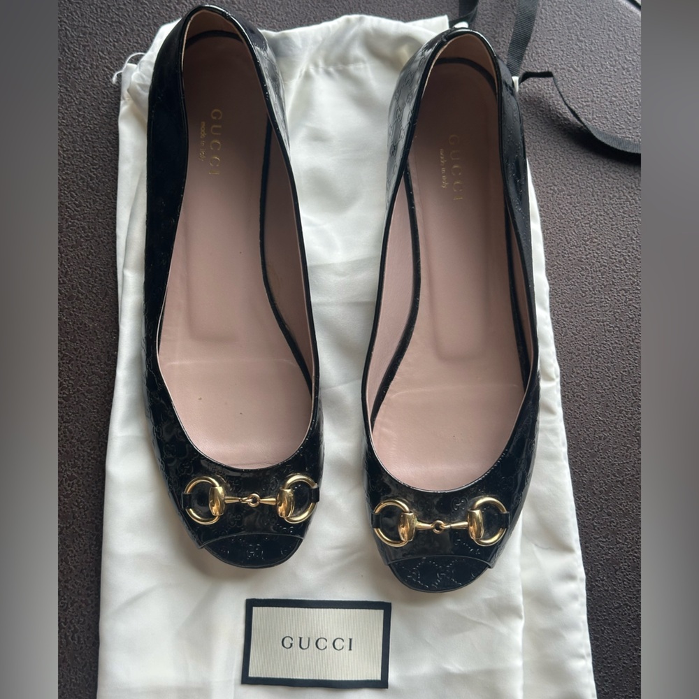 Gucci Black Patent Leather Open Toe Supreme Horesbit Flats 39